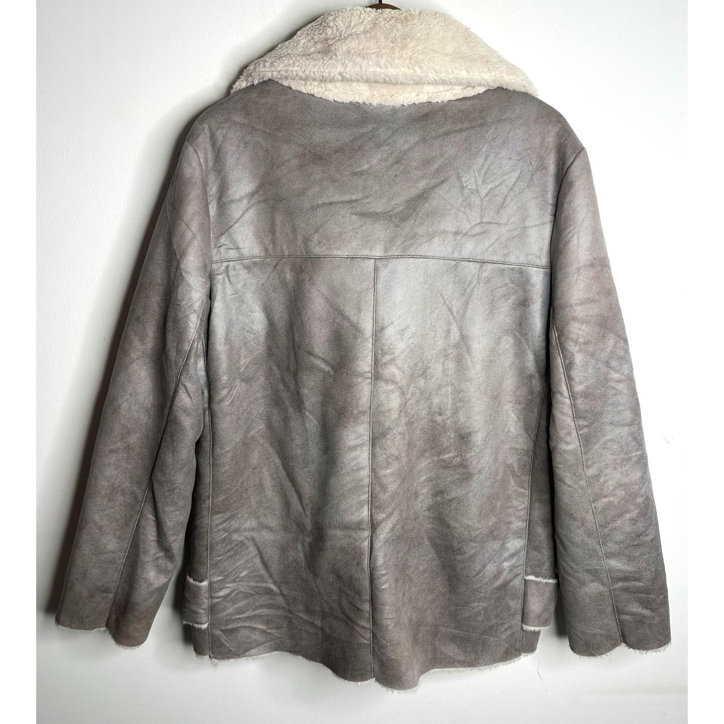 Faux Suede Shearling-Lined Aviator Biker Jacket in Grey and Cream