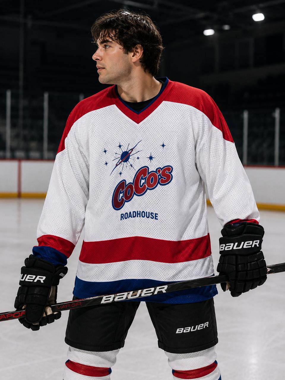 CoCo's Roadhouse Vintage Ice Hockey Jersey – White/Red/Blue ] Size XL