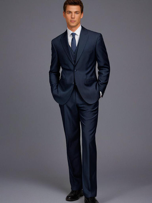 STRIPED SINGLE-BREASTED SLIM FIT 3-PIECE SUIT SET SIZE L
