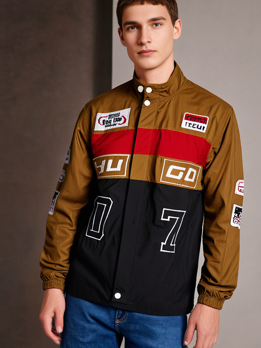 A high-impact colour-blocked jacket in a straight fit by HUGO Menswear, designed in strong cotton twill with racing-inspired badges and embroidery. Regular fit, point collar, fastening top: zip closure, pockets top: Patch pockets, inside zip pockets, ribb
