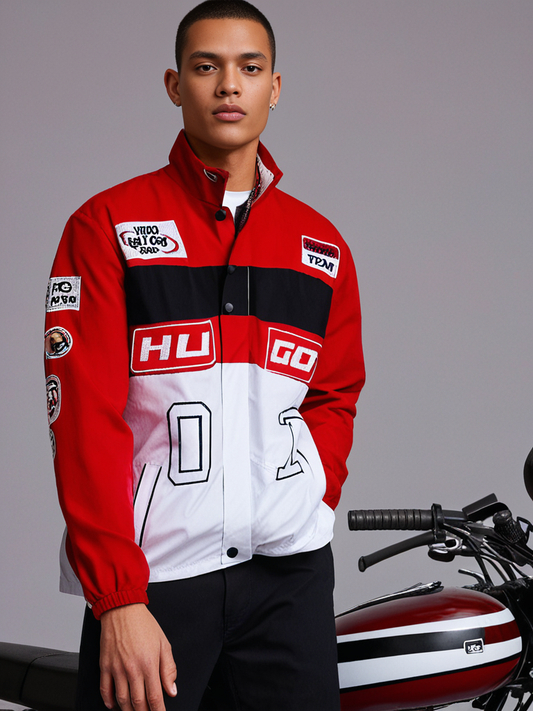 Luxury Hugo Boss Racing Jacket – Red with Black & White Panels | Water-Resistant Finish